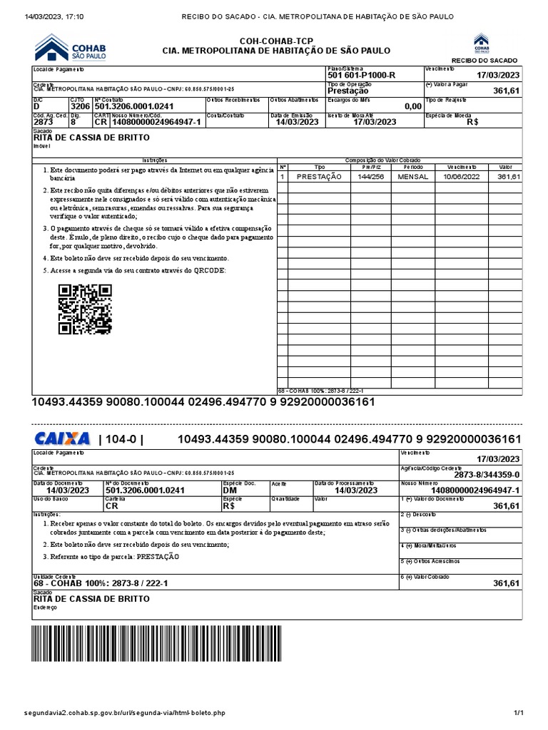 Recibo Do Sacado Cia. Metropolitana de Habitação de São Paulo PDF Dinheiro