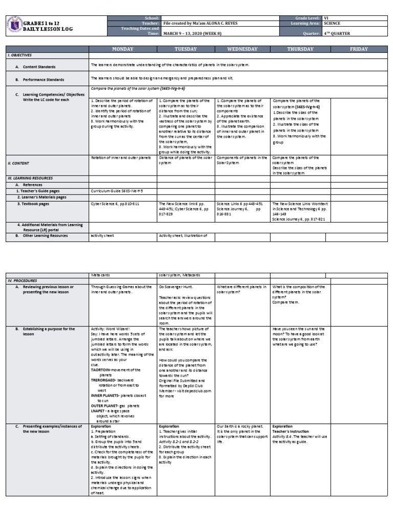 Grade 6 Science Daily Lesson Plan | PDF | Social Science | Science ...