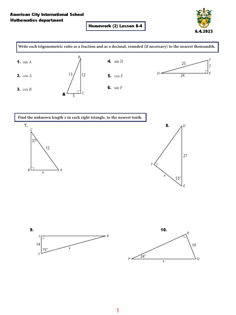 Write Each Trigonometric Ratio As A Fraction and As A Decimal, Rounded ...
