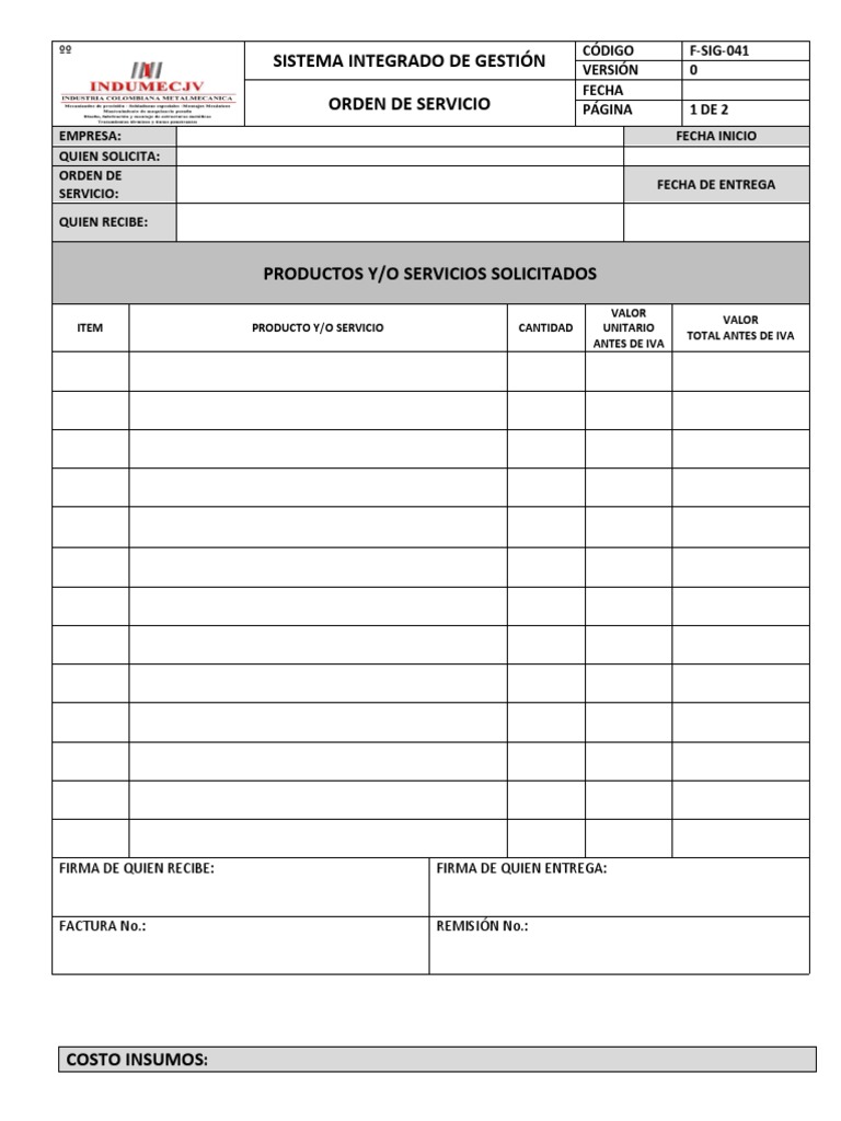 Orden de Servicio y Costos de Producción | PDF | Factura | Business