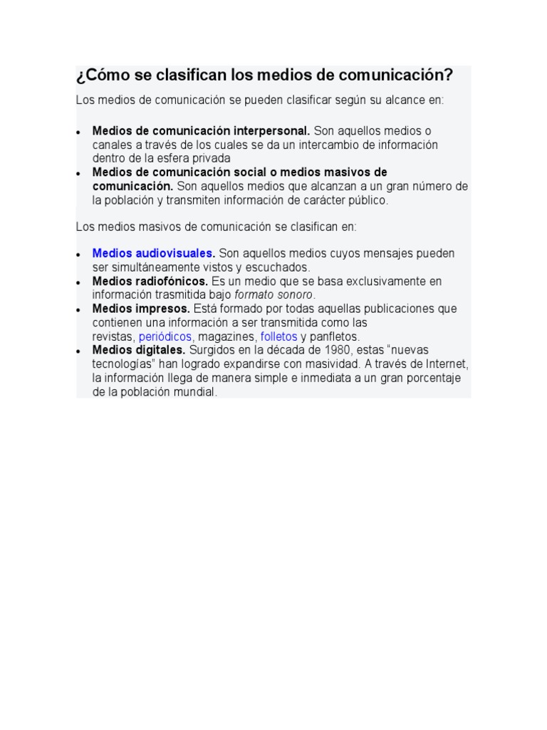 Cómo Se Clasifican Los Medios de