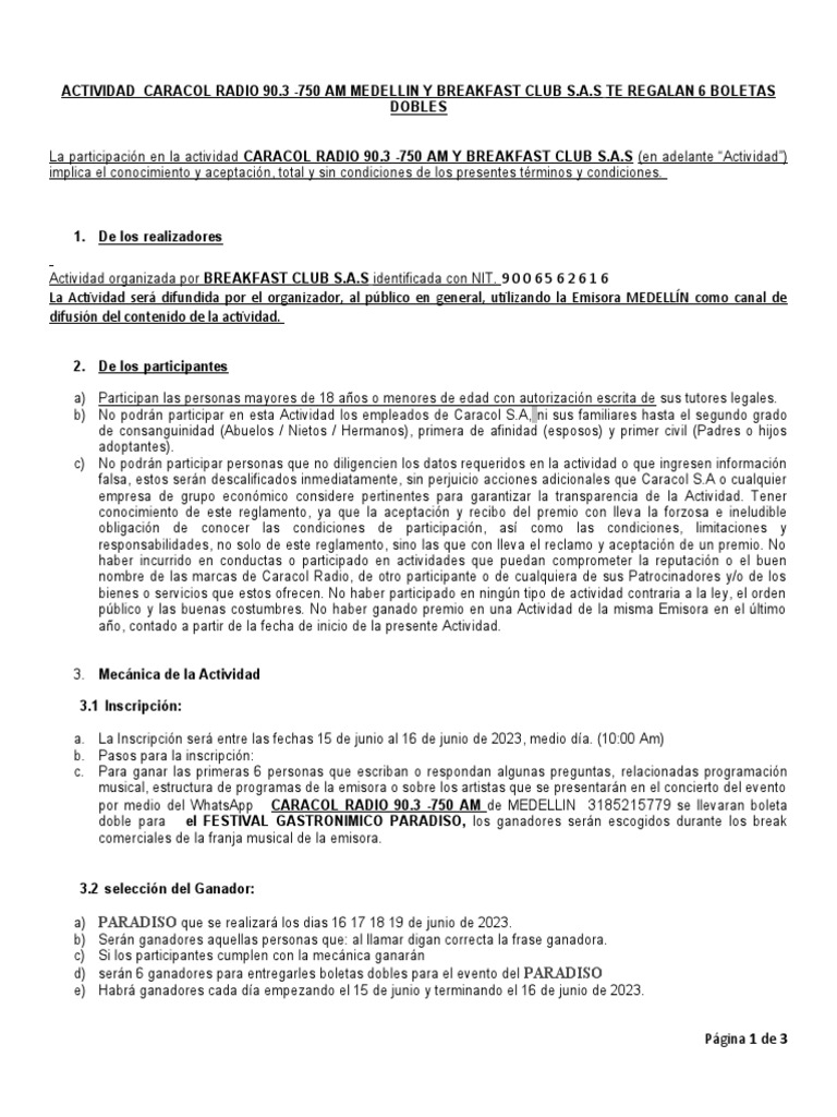 T rminos y condiciones caracol radio 90 3 concurso boletas breakfest