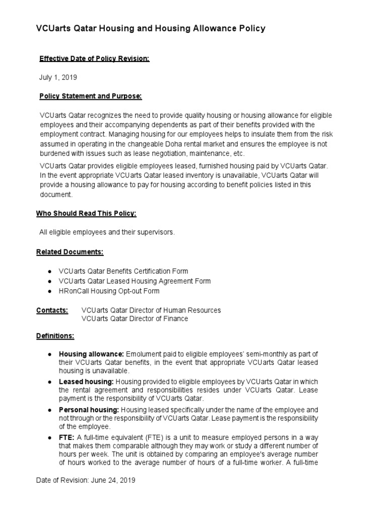 Housing Allowance Guidelines PDF Employment Human Resources