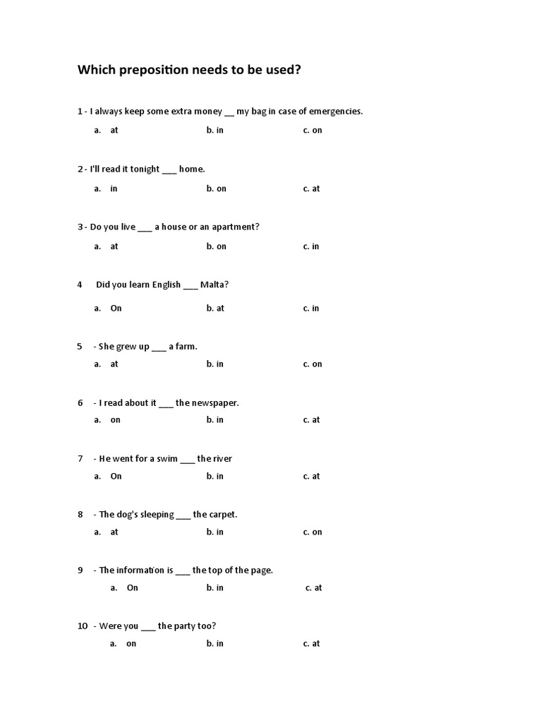 Preposition Usage Quiz: Fill in the Blanks | PDF | Language Arts ...