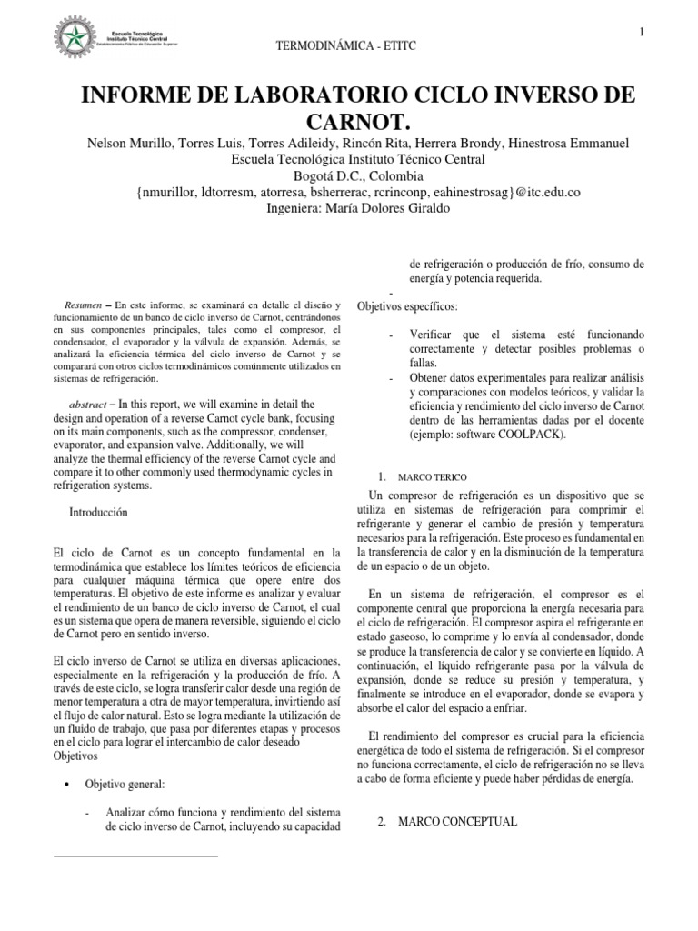 Laboratorio Ciclo Inverso De Carnot PDF Refrigeraci n Calor
