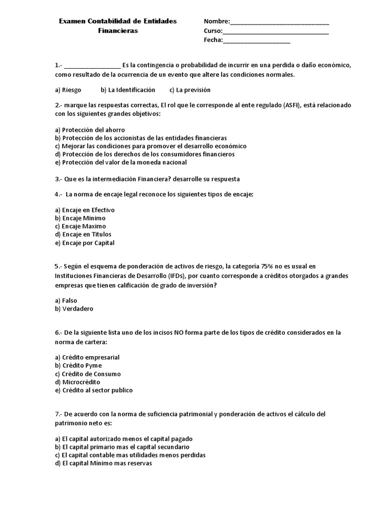 Examen Contabilidad De Entidades Financieras Pdf Contabilidad Bancos