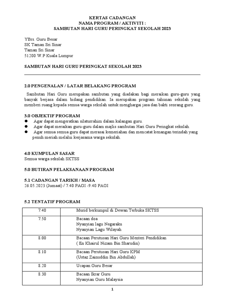 Kertas Kerja Sambutan Hari Guru 2023 Terbaru Pdf