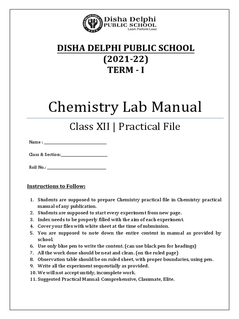 CHEMISTRY LAB MANUAL CLASSXII PRACTICAL FILE TERMI (202122) PDF Salt (Chemistry) Ammonium