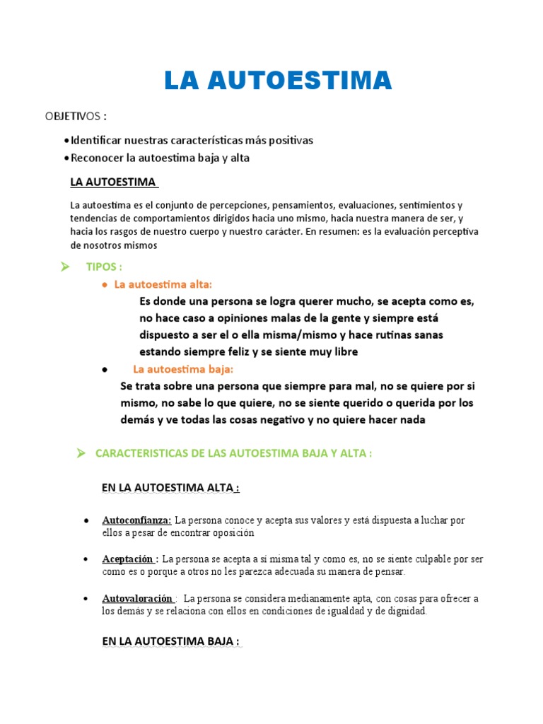Características de la Autoestima Alta y Baja | PDF | Autoestima | Las ...