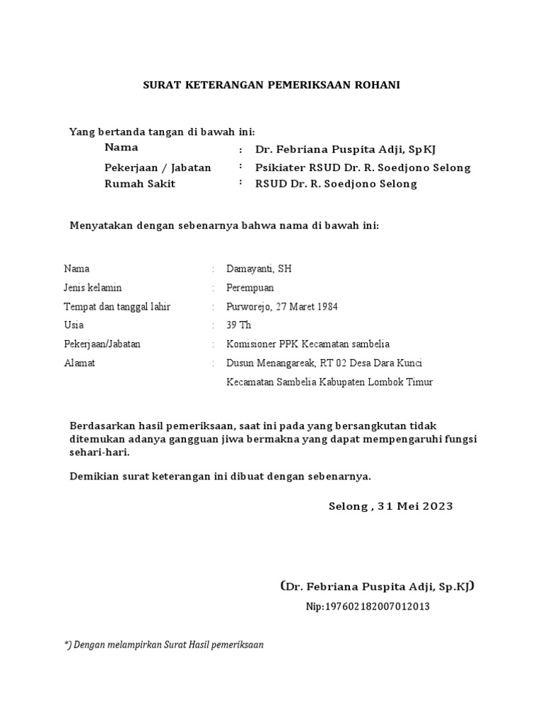 Surat Keterangan Sehat Rohani Puskesmas | PDF