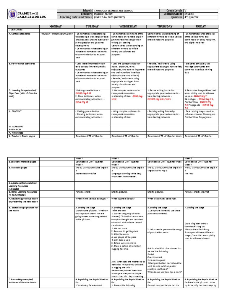 Grade 5 DLL: Week 7 English Plans | PDF | English Language | Sentence ...