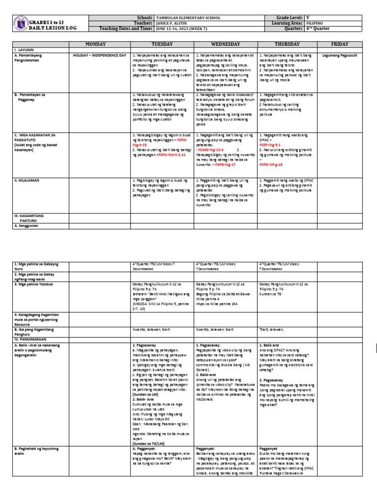 Grade 5 DLL FILIPINO 5 Q4 Week 7 | PDF