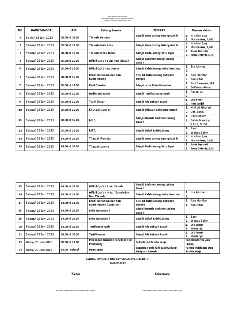 Rancangan Jadwal Kegiatan Mtq 2023 Pdf