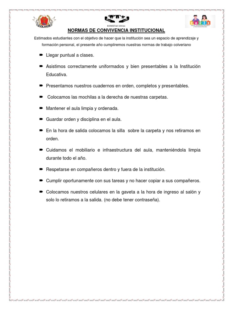 Normas de Convivencia Institucional 2023 | PDF | Crecimiento personal y ...