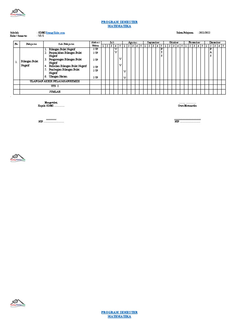 Promes matematika kelas 6 semester 1 ruang kelas com doc google