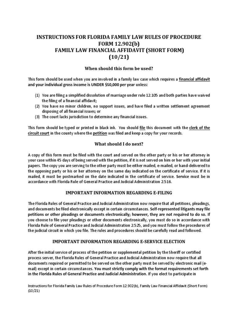 Instructions for florida family law rules of procedure form 12 902 b