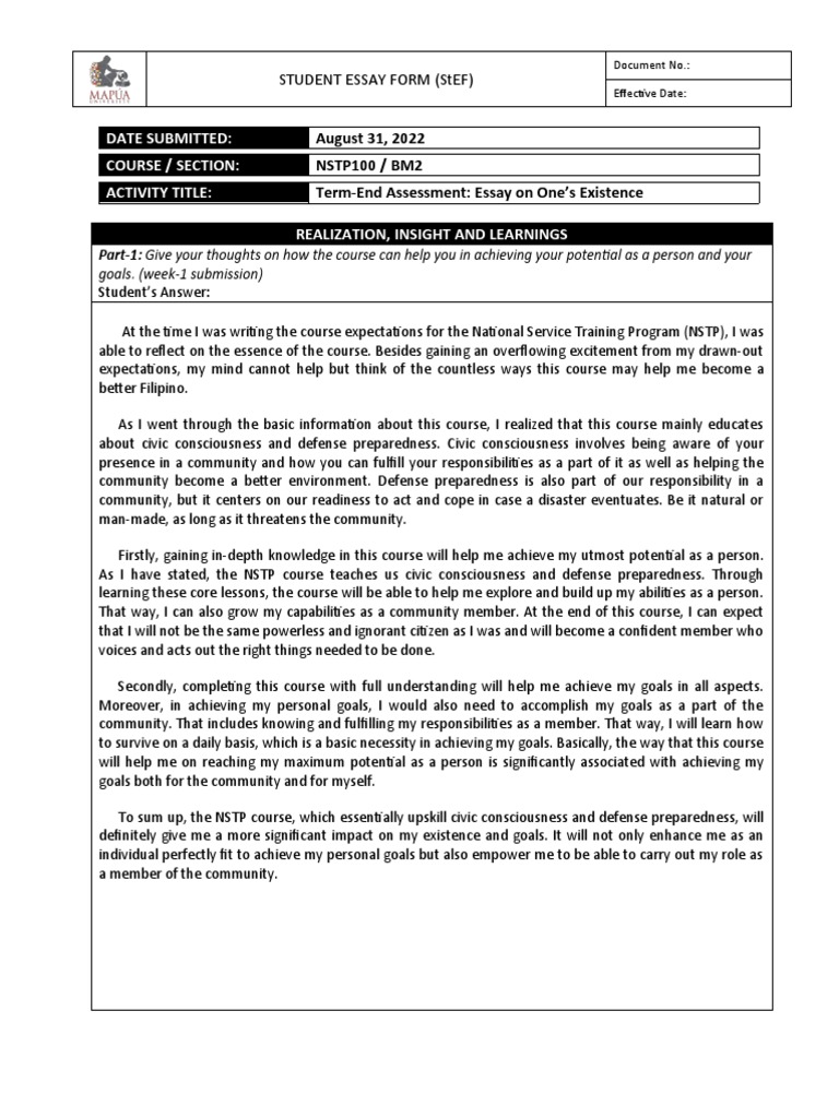 NSTP - BM2 - Term-End-Essay Sumagaysay, Franchesca Shanne - 2022161145 ...
