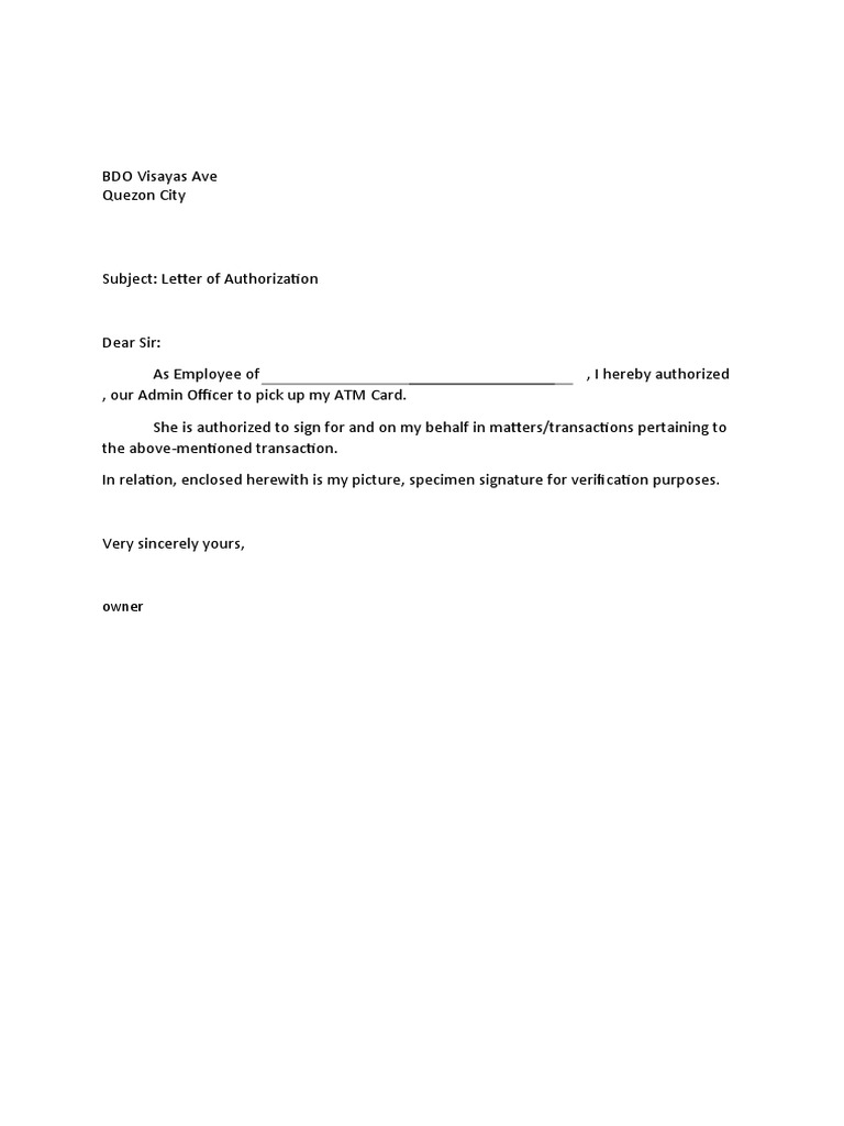 Authorization Letter for ATM Card Pickup | PDF | Finance & Money Management