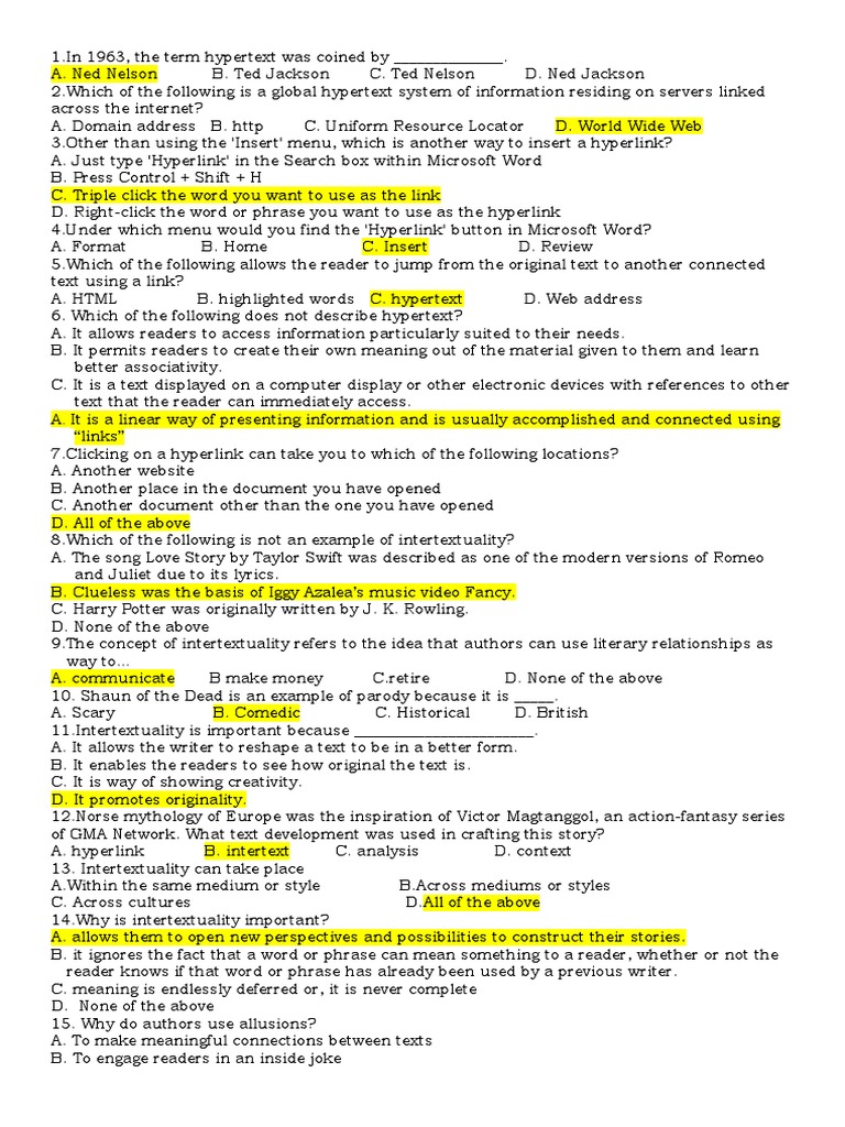 Hypertext and Intertextuality Quiz | PDF