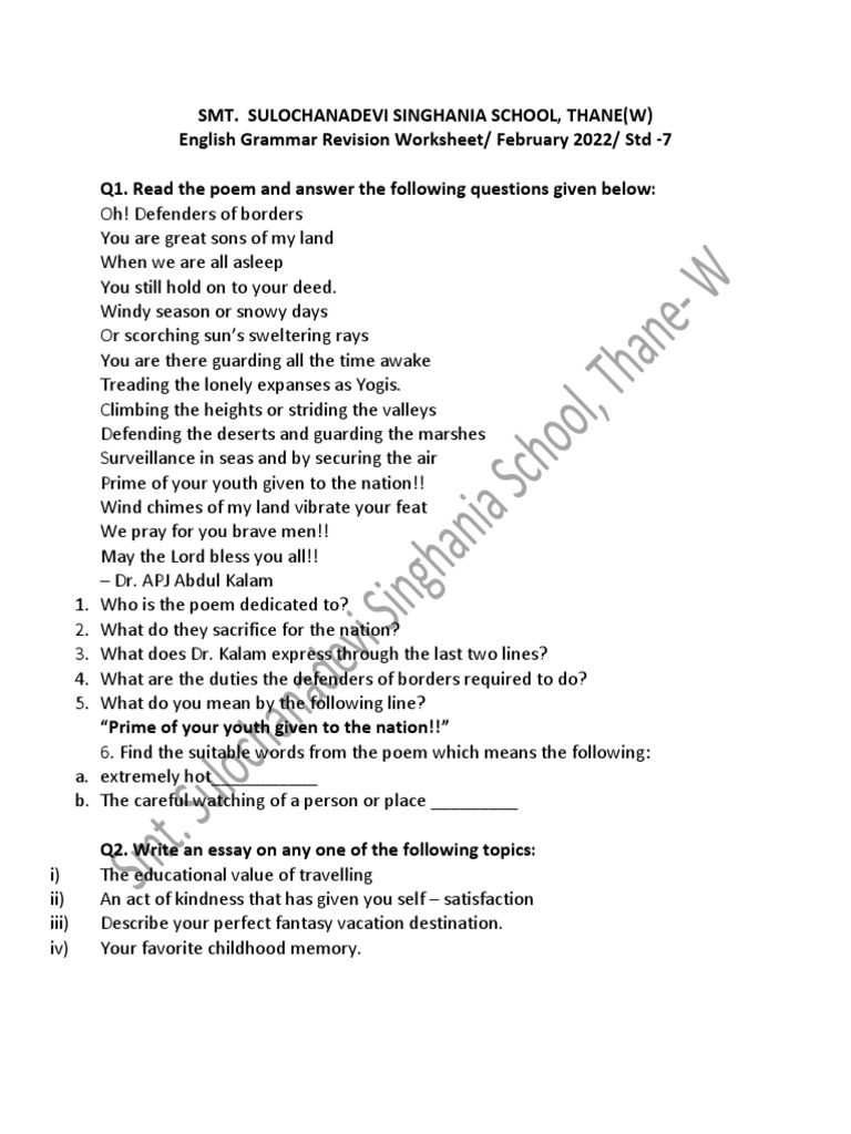 Std 7 English Revision Worksheet | PDF | Linguistics | Grammar