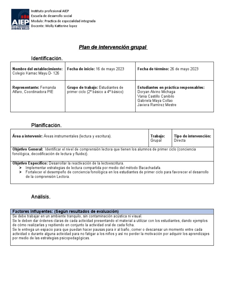 Plan de Intervención Grupal Kamac Mayu | PDF