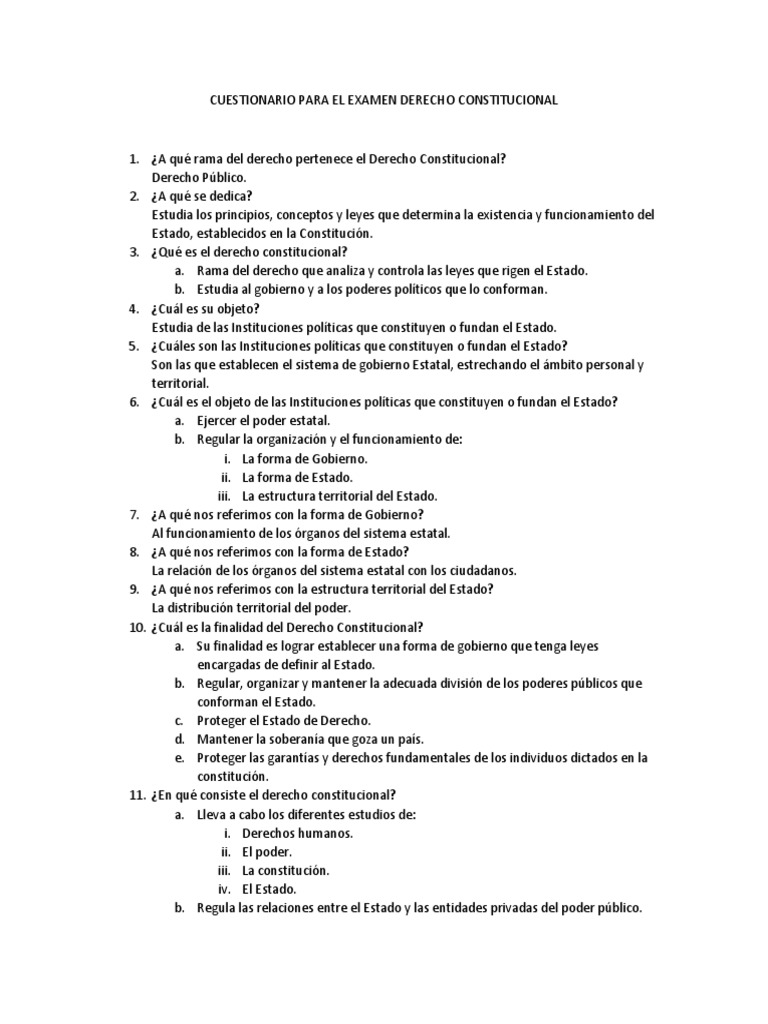 Cuestionario sobre Derecho Constitucional | PDF | Constitución | Ley ...