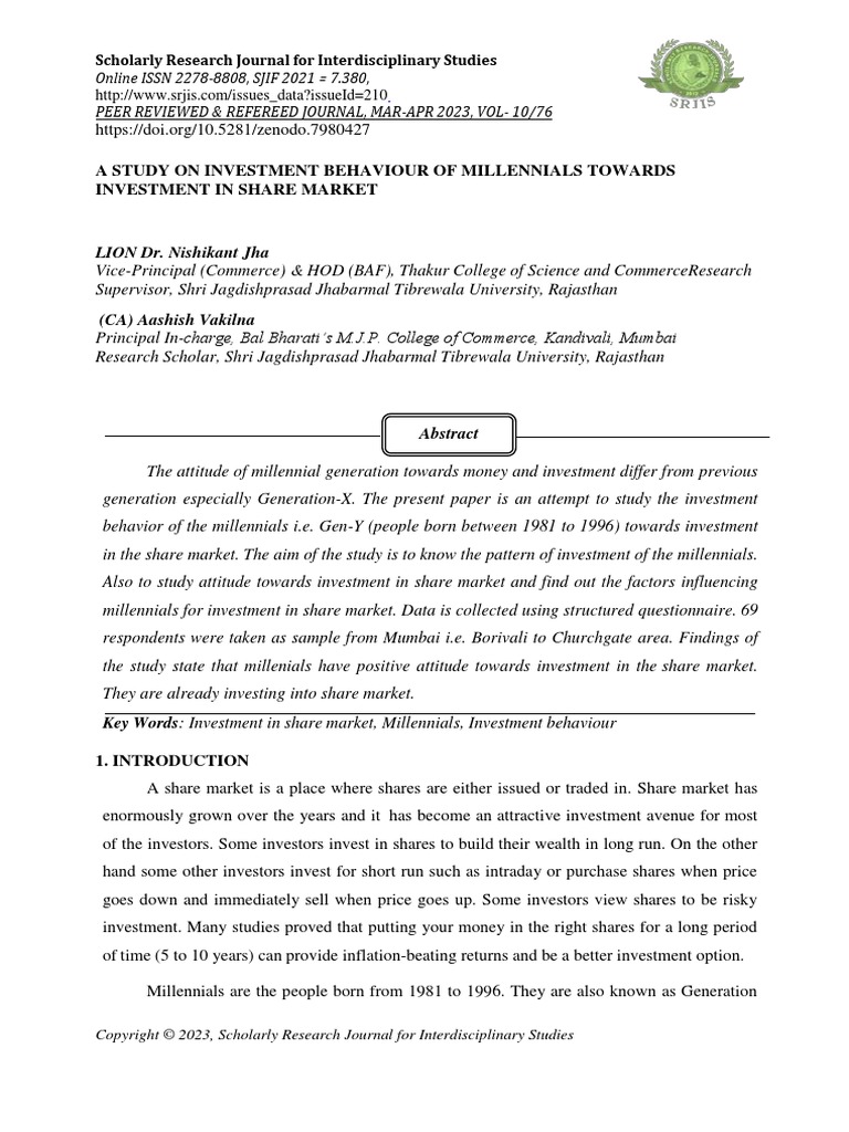 A study on investment behaviour of millennials towards investment in