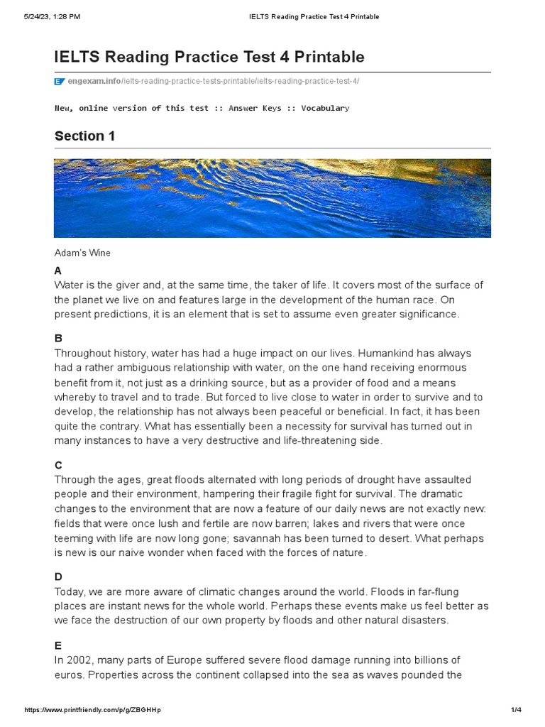 IELTS Reading Practice Test 4 Printable | PDF | Water | Flood