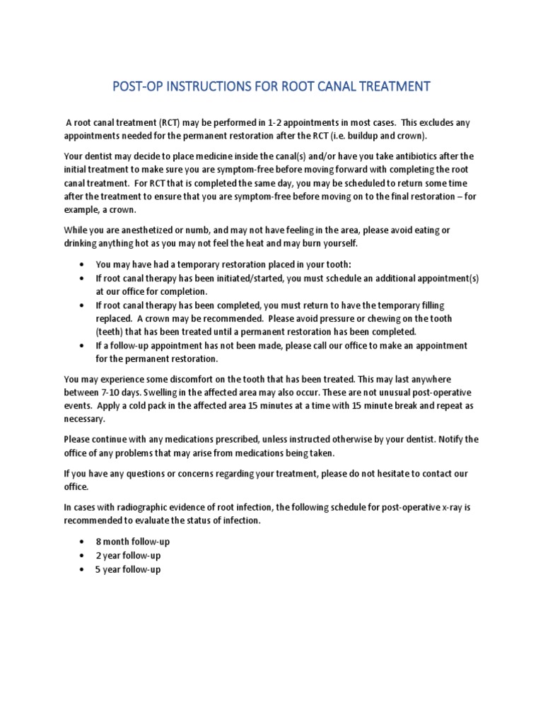 Post-Op Care for Root Canal Treatment | PDF