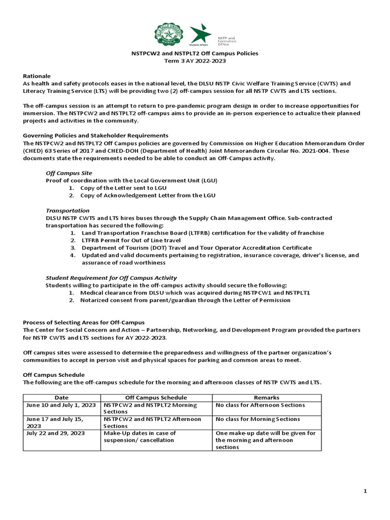 NSTPCW2 and NSTPLT2 Off Campus Policy Term 3 AY 2022 2023 | PDF