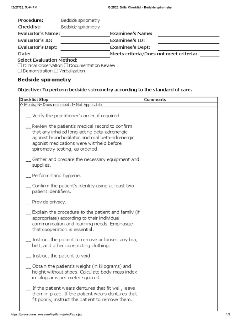 © 2022 Skills Checklist Bedside Spirometry PDF