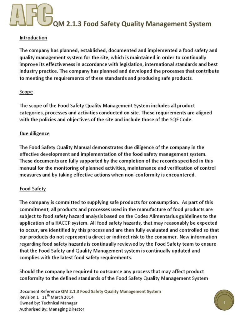 QM 2.1.3 Food Safety Quality Management System | PDF | Food Safety ...