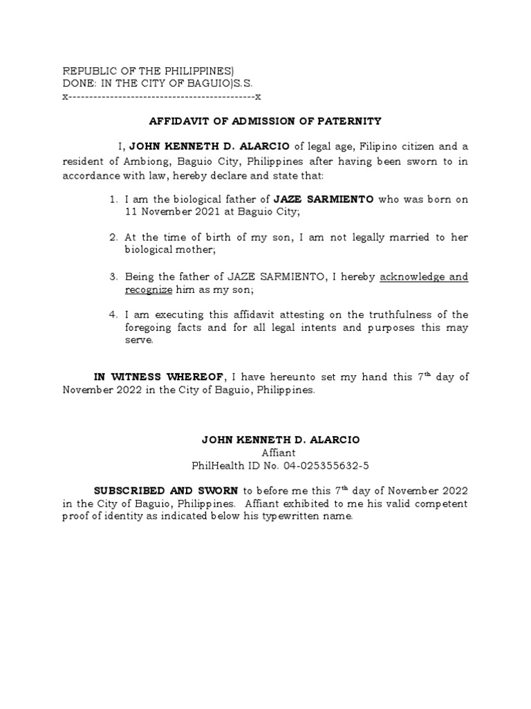 Affidavit of Paternity in Baguio City | PDF