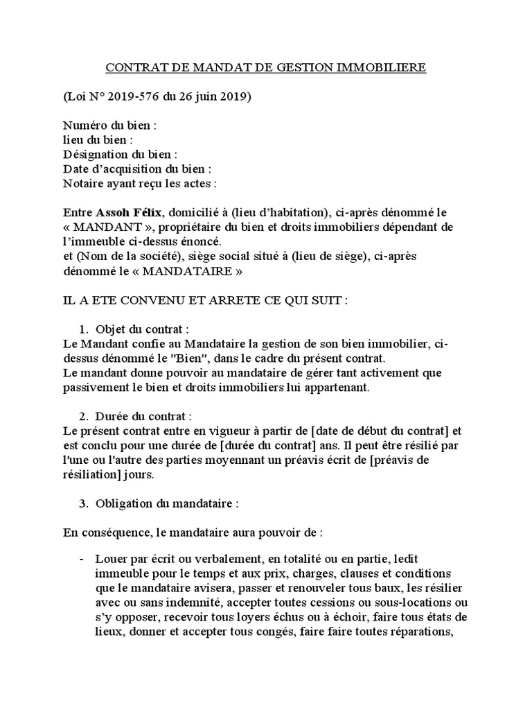 CONTRAT DE MANDAT DE GESTION IMMOBILIERE | PDF