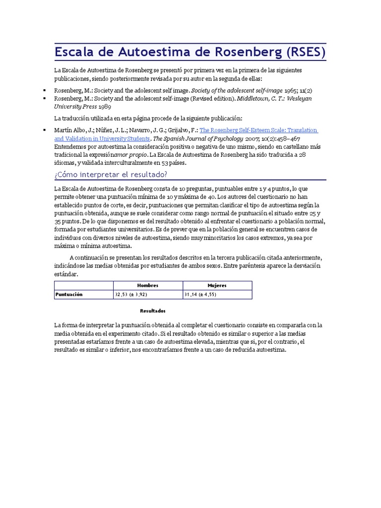 Escala de Autoestima de Rosenberg RSES | PDF | Autoestima | Sicología