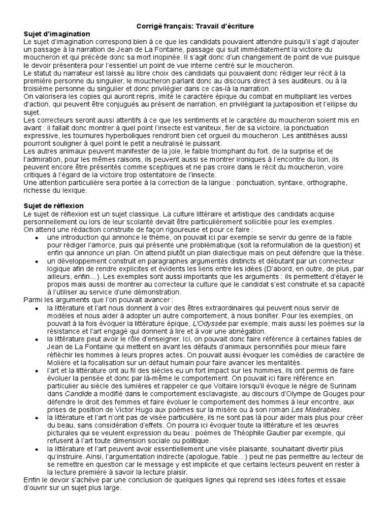 Le Lion Et Le Moucheron Brevet Corrigé brevet 2022 - rédaction - corrigé | PDF | Fable