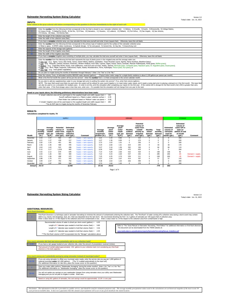 Rainwater Harvesting System Size Calculator PDF