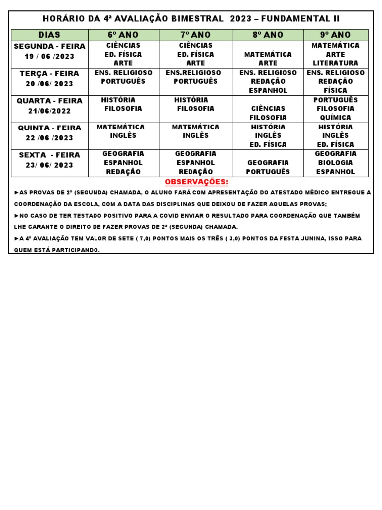 Horario Do 6º Ao 9º Ano | PDF