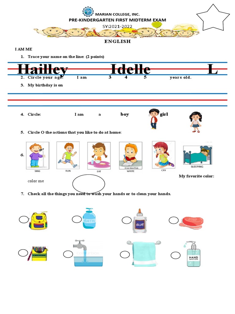 1st Midterm Exam Pre Kinder | PDF