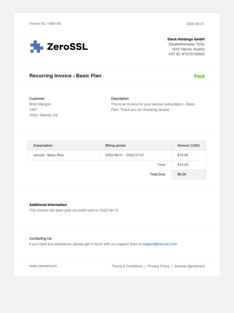 Zerossl Invoice 1480166 | PDF