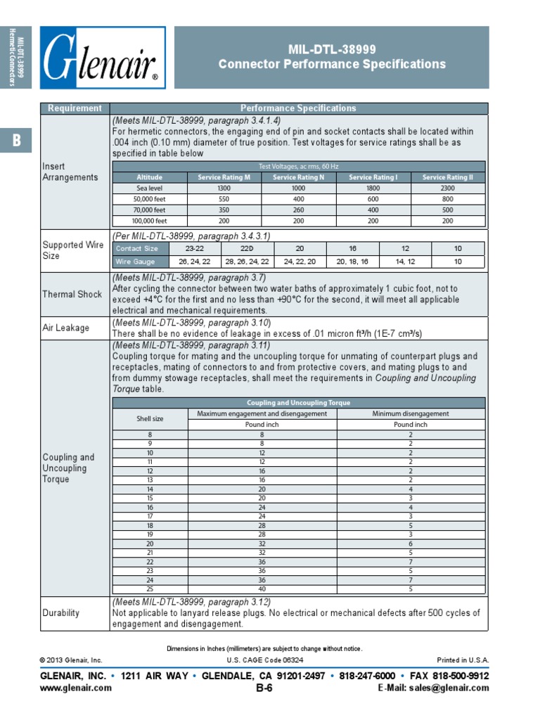 MIL-DTL-38999 Hermetic Connector Specs | PDF | Electrical Connector ...