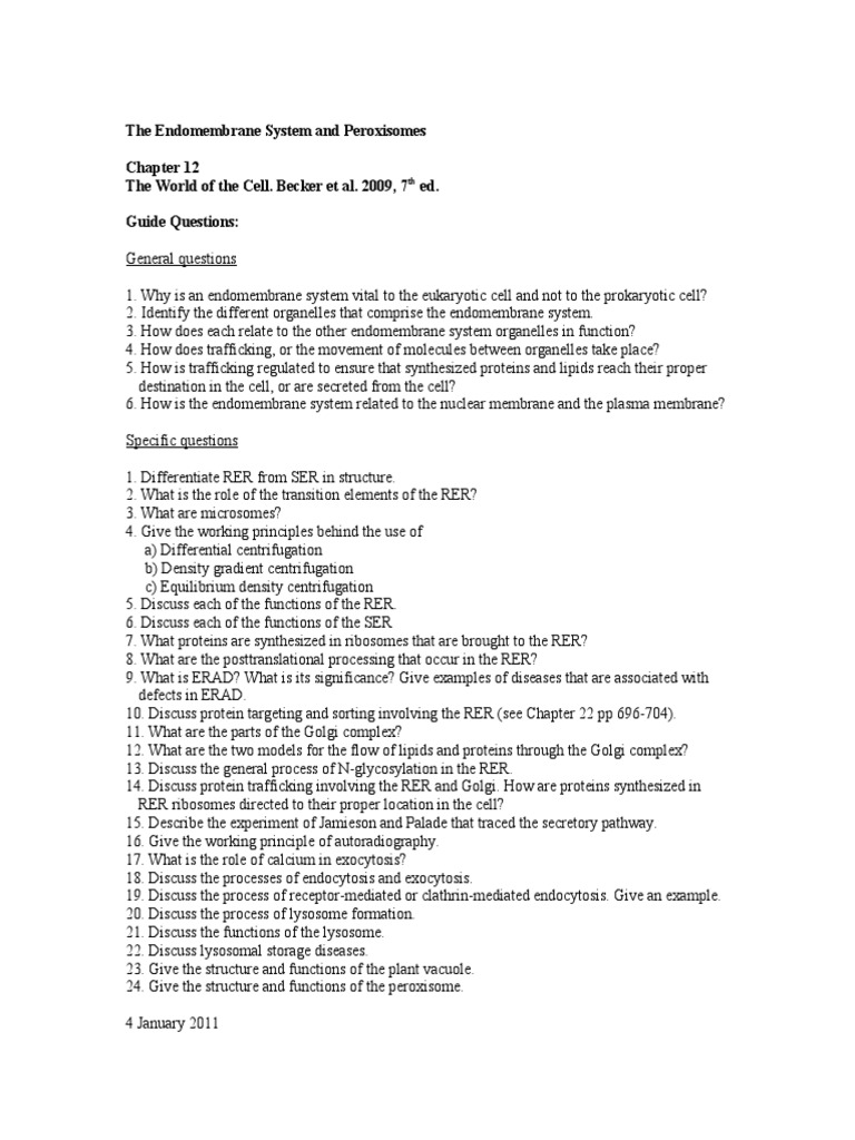 Guide questions The Endomembrane System and Peroxisomes PDF