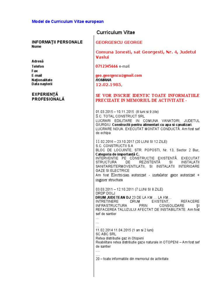 Model Completare CV | PDF