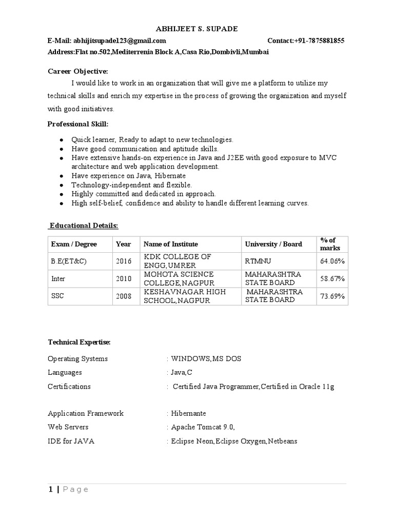 Java Fresher Resume 4 | PDF