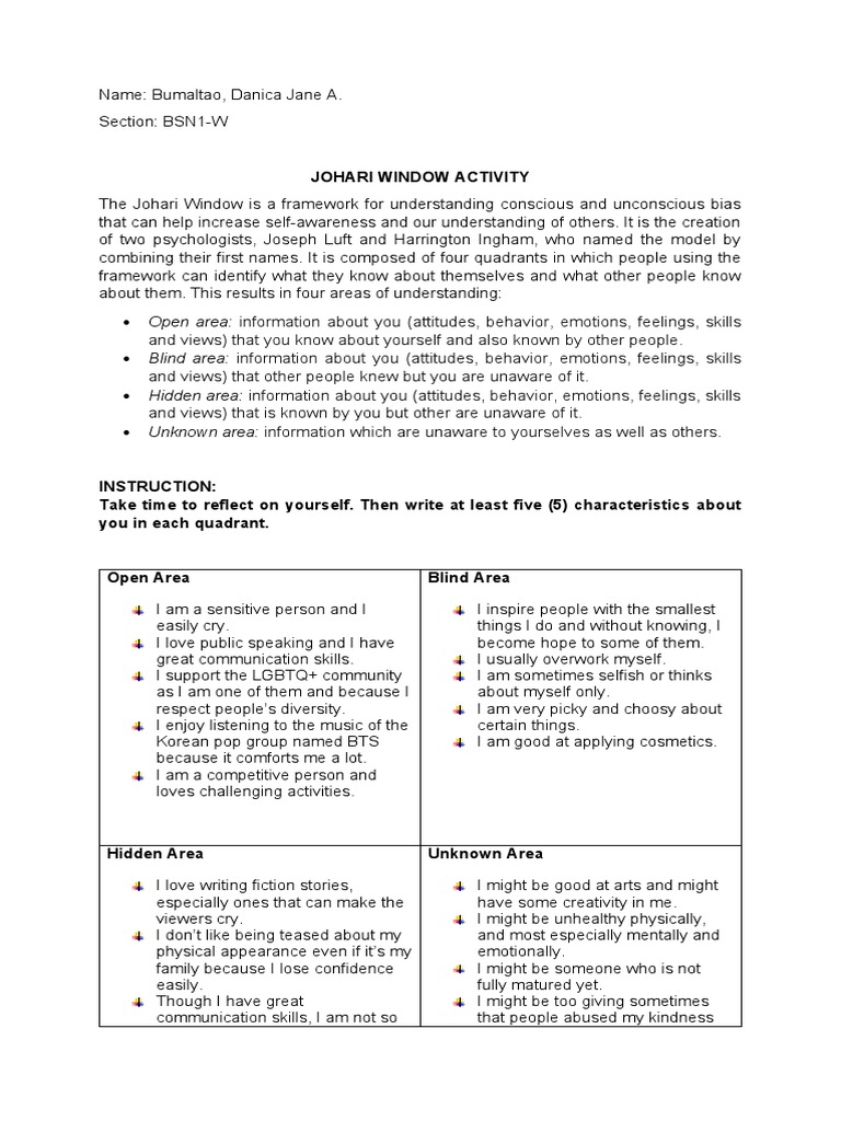 Johari Window Activity Download Free Pdf Attitude Psychology