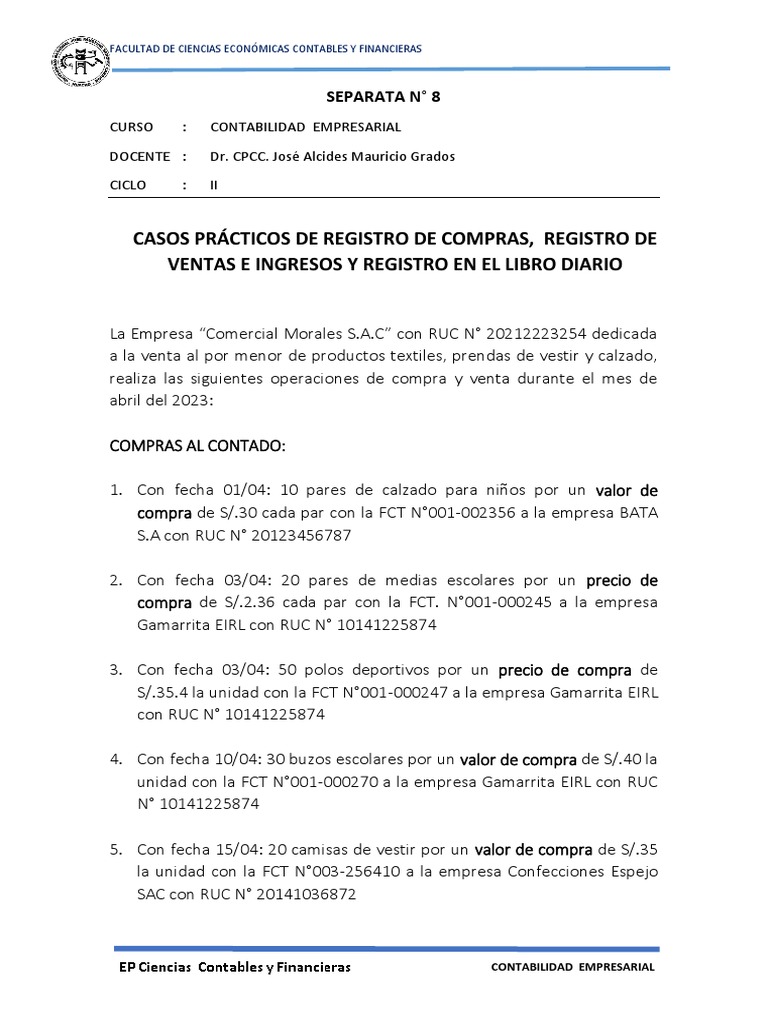 SEPARATA 8 - Casos Practicos de Registro de Compras y Ventas | PDF