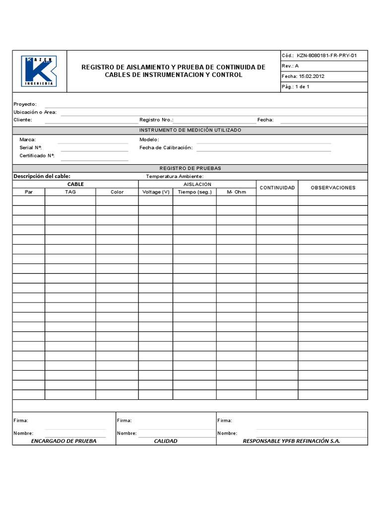 KZN8080181FRPRY01 Registro de Aislamiento de Cables de