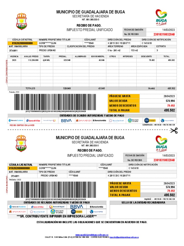 Recibo Impuesto Predial 2023 Buga | PDF