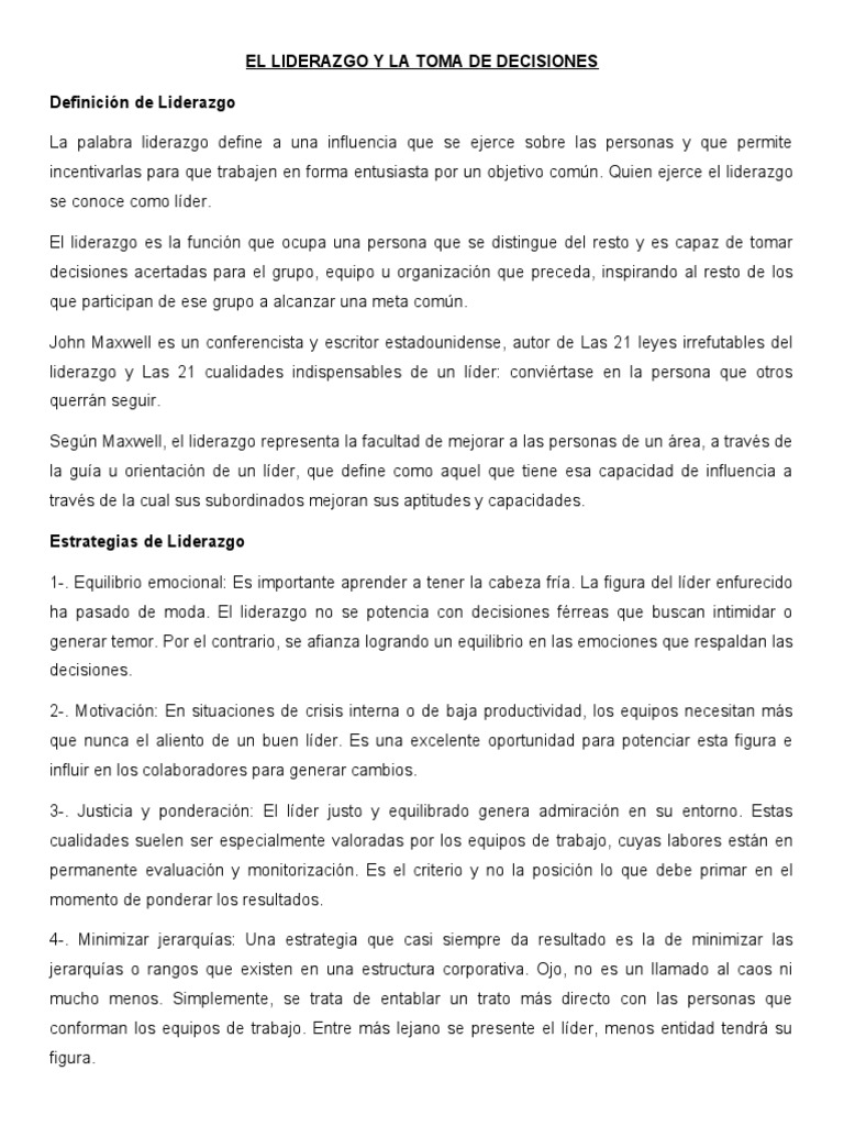 Liderazgo y Toma de Decisiones Efectivas | PDF | Liderazgo | Toma de ...