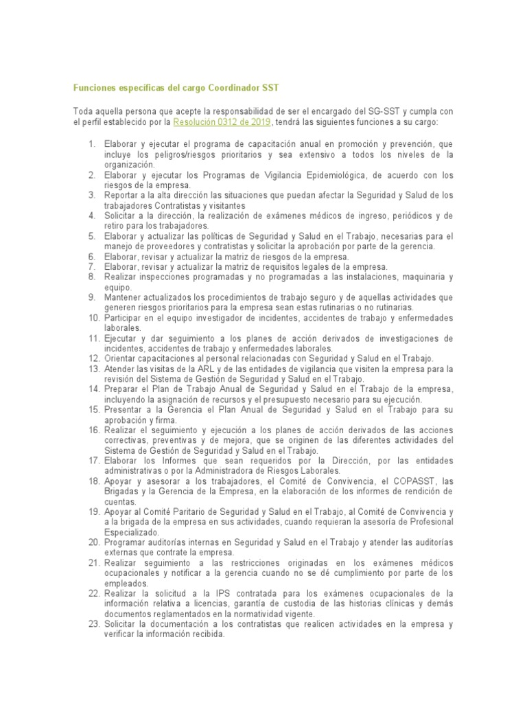 Funciones Coordinador SST | PDF | Seguridad y salud ocupacional